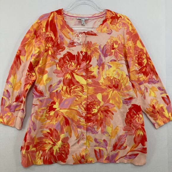 Isaac Mizrahi Large Red Orange Floral 3/4 Sleeve Lightweight Cardigan Feminine - Picture 1 of 8